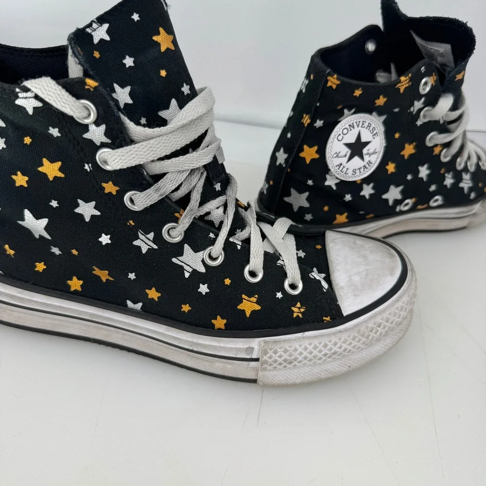 Converse Chuck Taylor Platform High Top Youth 4 Black Metallic Stars A05528C